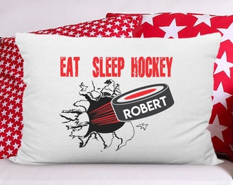 Hockey Team Gift Pillowcase Pillow Case Cover Boys Girls Eat Sleep Hockey Add A Name Puck Stick Twig Mask Change Colors