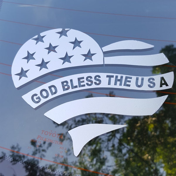 2 God Bless the USA Flag Heart Window Decals Decal Christian Faith Religion Gift Bible Verse Sticker Silver Gold Car Glass Catholic Cross