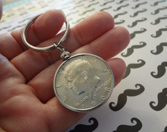 1968 Men's Silver Kennedy Half Dollar Coin Key Chain Ring 55th Birthday Gift Anniversary Women's