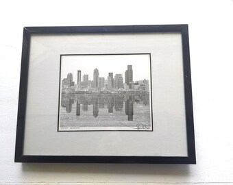 Seattle Skyline Pen Ink Art Print by Patrick T Kerr, Framed Waterfront Cityscape