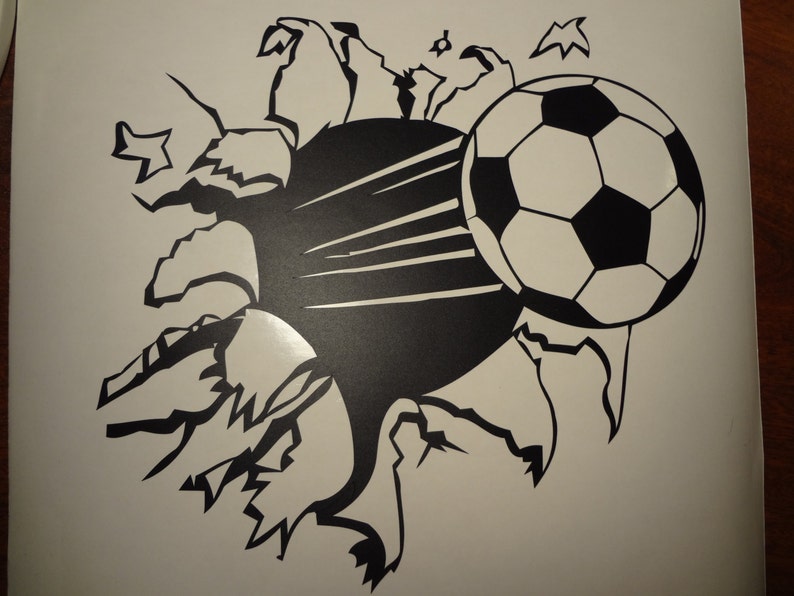 Wall Decal Soccer Ball Through The Wall Football Boys Girls Room Decor Sports Personalized image 3