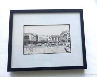 Pike Place Market Seattle Pen Ink Patrick T Kerr Black White Framed Art (8x10.25 inches)