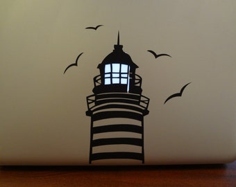 Lighthouse Decal 13 15 17 inch PC Laptop Decal Sticker Seaside Lamp Light up Glow Seagull Ocean Life Glowing Light Gift Teen Girls