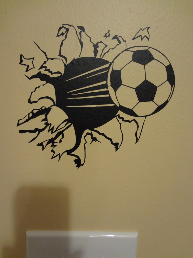 Wall Decal Soccer Ball Through The Wall Football Boys Girls Room Decor Sports Personalized image 5