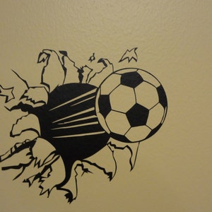 Wall Decal Soccer Ball Through The Wall Football Boys Girls Room Decor Sports Personalized image 4