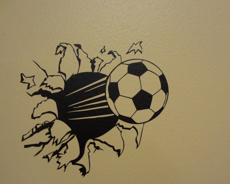 Wall Decal Soccer Ball Through The Wall Football Boys Girls Room Decor Sports Personalized image 4