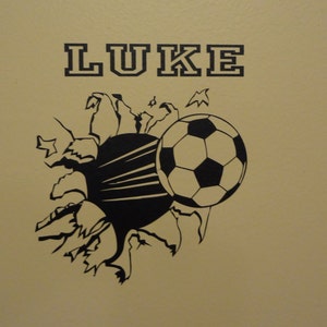 Wall Decal Soccer Ball Through The Wall Football Boys Girls Room Decor Sports Personalized image 1