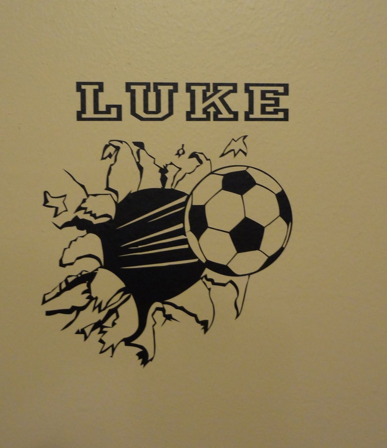 Wall Decal Soccer Ball Through The Wall Football Boys Girls Room Decor Sports Personalized image 1