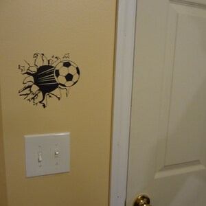 Wall Decal Soccer Ball Through The Wall Football Boys Girls Room Decor Sports Personalized image 2