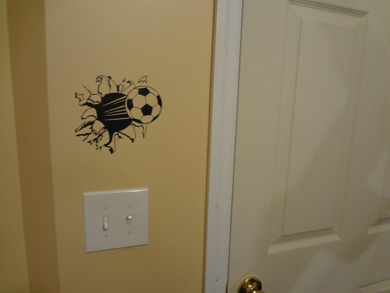 Wall Decal Soccer Ball Through The Wall Football Boys Girls Room Decor Sports Personalized image 2