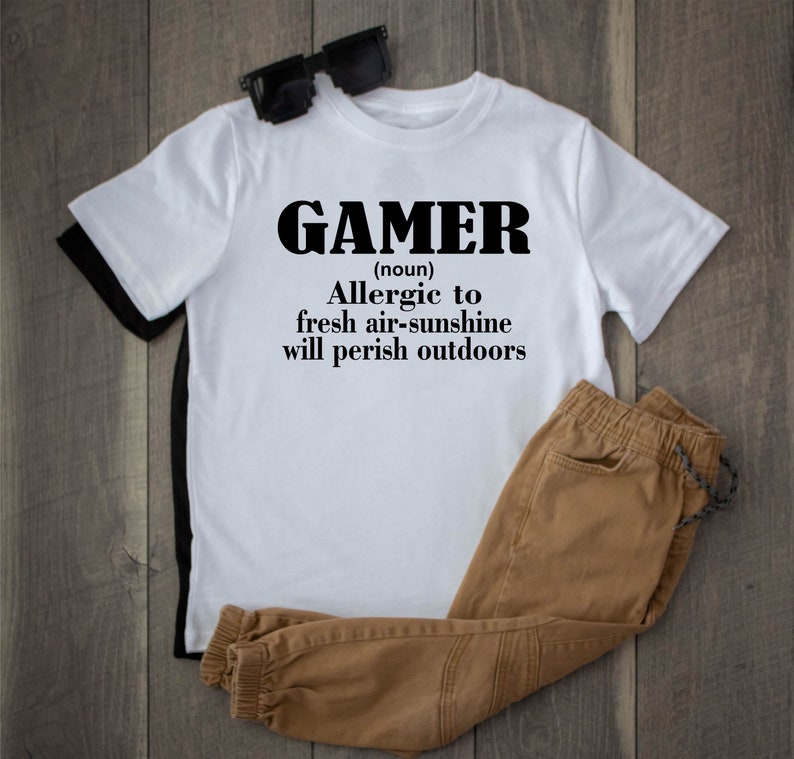 Gamer Noun Allergic to Fresh Air Sunshine T shirt Youth Kids Boys Girls Funny Tee Graphic Gaming Console Video Game Children/'s