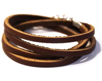 Brown Multi Wrap Thin Leather Bracelet, Multi Strand Cuff