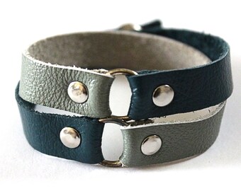 Double wrap leather bracelet - blue and light blue