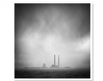 Poolbeg Chimneys Print, Dublin Bay Photography, Black and White Storm Prints Wall Art, Irish Gift by Irish Artist, Dublin Smokestacks