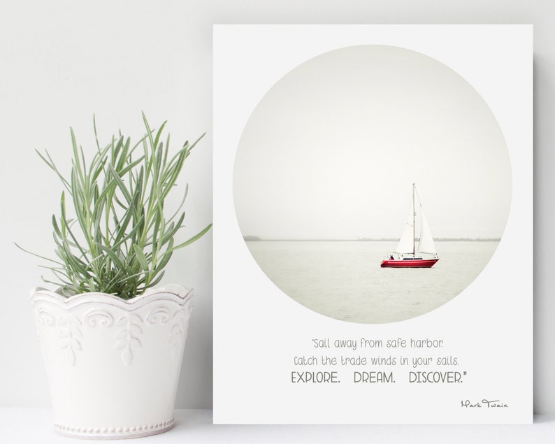 Red Sailboat Print Desk Decor Mark Twain Nautical Quote Print Coastal Ocean Wall Art Print Sailing Quote Art Print