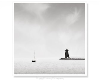 Irish Gift, Sailboat Print, Lighthouse Decor Wall Art, Black and White Photography, Dublin Bay Irish Art, Calming Art, Home Office Decor