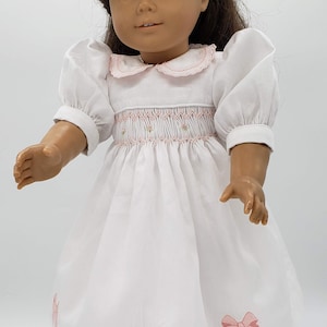 Hand smocked heirloom dress for 18 inch dolls with machine embroidered hem