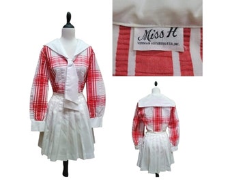 Vintage Unique 70s 3 Piece Red White Plaid Mini Skirt Top Set Retro Scarf by Miss H