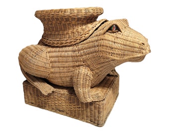 Large Vintage Wicker Frog Table Stand Marble Eyes Hong Kong