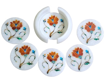 Beautiful Marble Inlay Tropical Orange Flower Round Coaster Gift Set with Holder