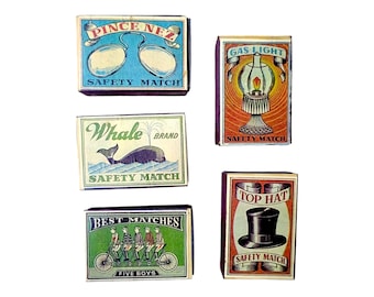 Lot of 5 Vntg Antique Safety Match Boxes Full Whale, Top Hat, Gas Light, Eyeglasses, Bicycle