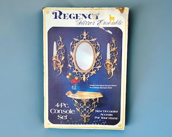 New Old Stock Regency 4 Piece Mirror Ensemble Console Set Mirror Sconces Gold Looks Like Wood