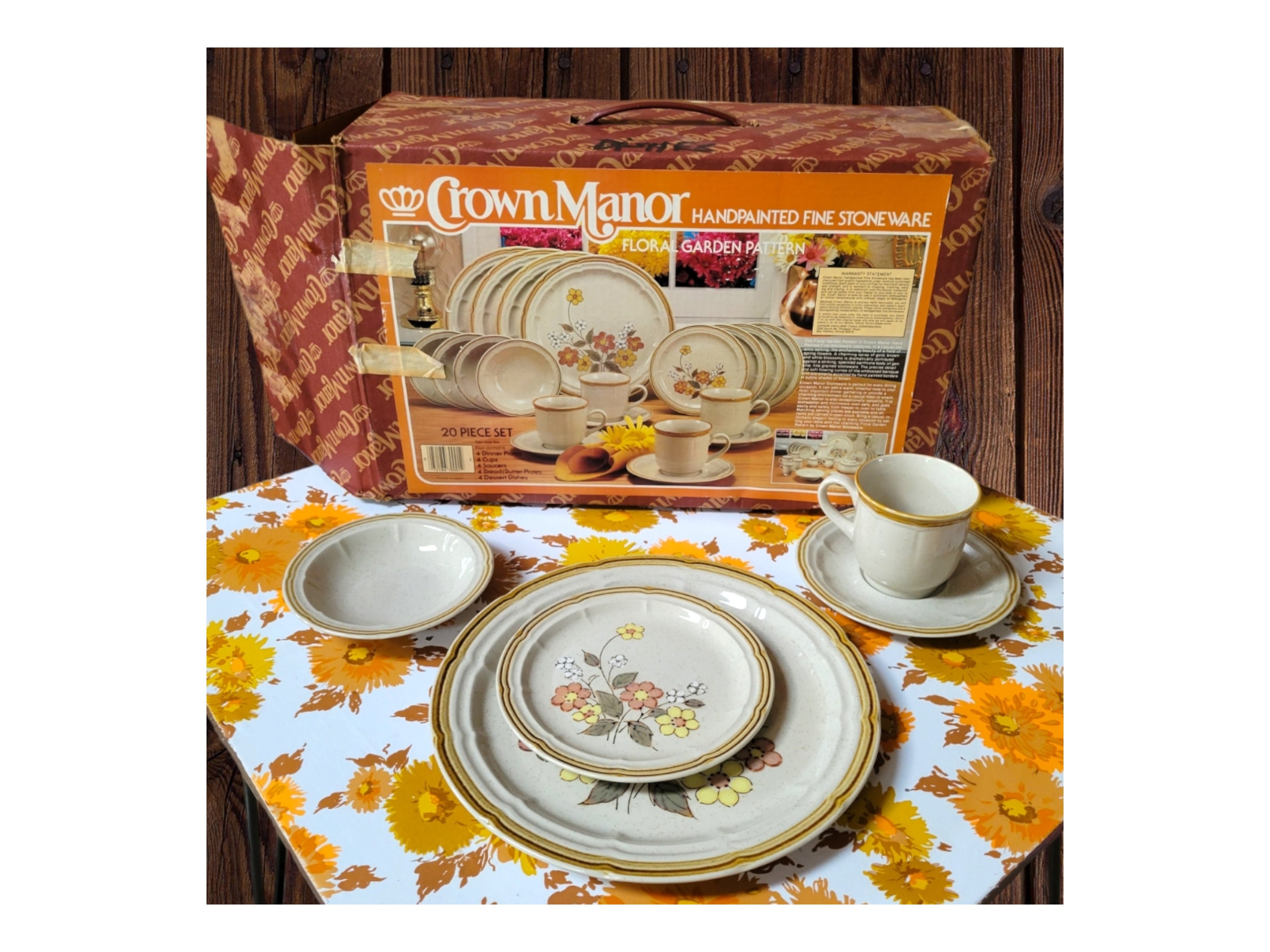 Crown Manor 20 Piece Service for Four, Hand Painted Stoneware Retro Flowers Serving Floral Garden
