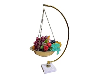 Vintage Single Hanging Brass Bowl Scale with Marble Base and Jeweled Push Pin Fruit