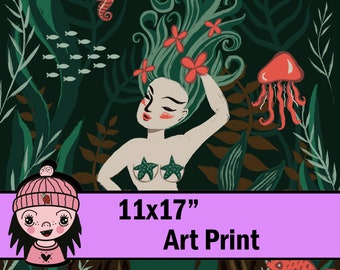 Mermaid Dreams - 11x17" Art Print - jellyfish, seahorse, sealife, mermaid cove, underwater, coney island mermaid