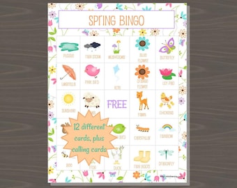 Spring Bingo Game, Printable Spring Bingo Board Game for Kids, 12 Different Bingo Boards and Calling Cards, Bingo Game for Kids