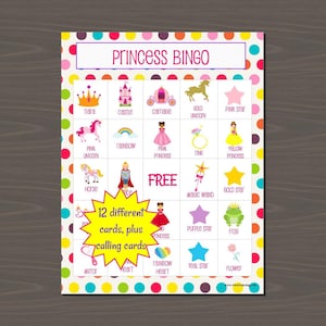 Prinzessin Bingo Spiel, Fairy Princess Bingo Karten, enthält 12 verschiedene Karten und Calling Cards, druckbare Prinzessin Bingo