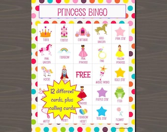 Princess Bingo Game, Fairy Princess Bingo Cards, Includes 12 Different Cards and Calling Cards, Printable Princess Bingo