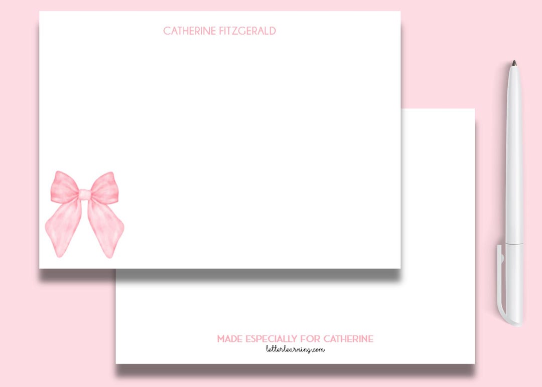 Personalized Pink Bow Stationery Set: Custom Note Cards With Envelopes ...