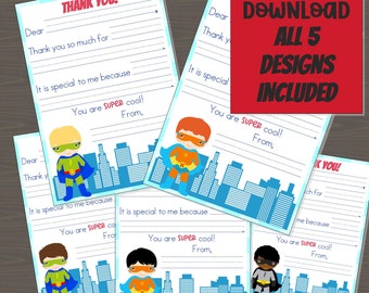 Superhero Thank You Cards for Kids, Print at Home, 5 Different Superhero Designs Included