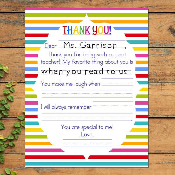 Fill-In Teacher Thank You Letter: Printable Appreciation Gift (PDF) | Teacher Appreciation Week Printable | End of Year Notes to Teachers