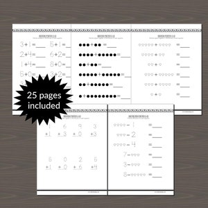 May include: Black and white printable worksheets for addition and subtraction practice. The worksheets feature circles, hearts, and numbers. The text on the worksheets says "Addition Practice 0-10" and "Subtraction Practice 0-10".