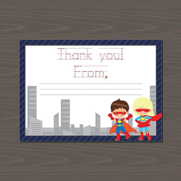 Boy and Girl Superhero Thank You Card Set for Kids, Superheroes Thank You Notes for Kids, Thank You Notes with Superheroes (12 Card Set)