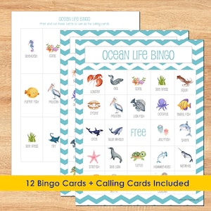 Ozean Bingo, See Bingo, Hai Delfin Fisch Bingo für Kinder und Erwachsene, 12 verschiedene Bingokarten enthalten, zu Hause ausdrucken und spielen