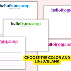 May include: White stationery with the text "hellofromcamp" in various colors, including blue, green, and pink. Some cards have a child's name or a name and address. The text "CHOOSE THE COLOR AND LINED/BLANK" is also present.