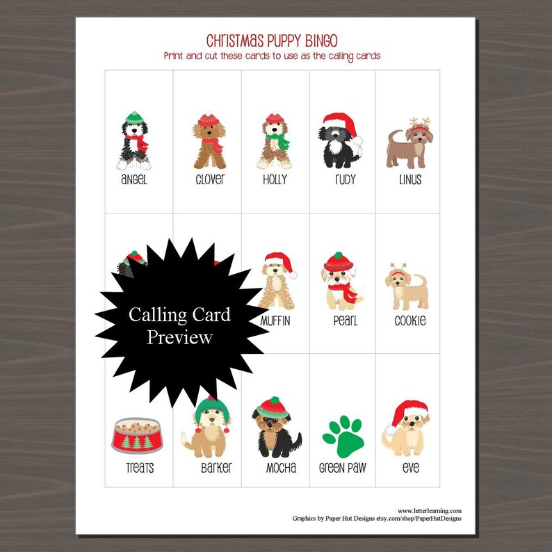 Christmas Puppy Bingo Game 24 different cards, plus calling cards, Instant Download, Puppy Christmas Bingo, Puppy Bingo Game image 3