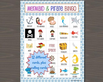Mermaid Bingo, Pirate Bingo, Mermaid and Pirate Bingo Printable Game, Instant Download, Includes 12 Different Bingo Boards