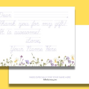 May include: White stationery with floral accents and cursive text that reads "Dear, Thank you for my gift! It is awesome! Love, Your Name Here." A white pen rests on a yellow background.