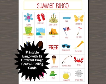 Summer Bingo, Fun Summer Game, Printable Bingo for Summer (12 Different Cards), Includes Calling Cards, Great for Parties