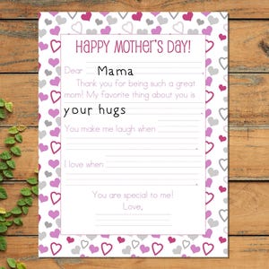 Nota para impressão do Dia das Mães com preenchimento de espaços em branco, Carta para a mãe no Dia das Mães, Carta fofa do Dia das Mães das crianças