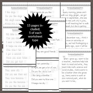 May include: Black and white printable worksheets for practicing punctuation and capitalization. The worksheets feature sentences with blank lines for students to add the correct punctuation and capitalization. The text on the worksheets includes examples like "I like dogs", "Do you like dogs", "My dog's name is Karan", "Every morning, James and I walk our dog, Ginger", and "When I grow up, I want to be a teacher".