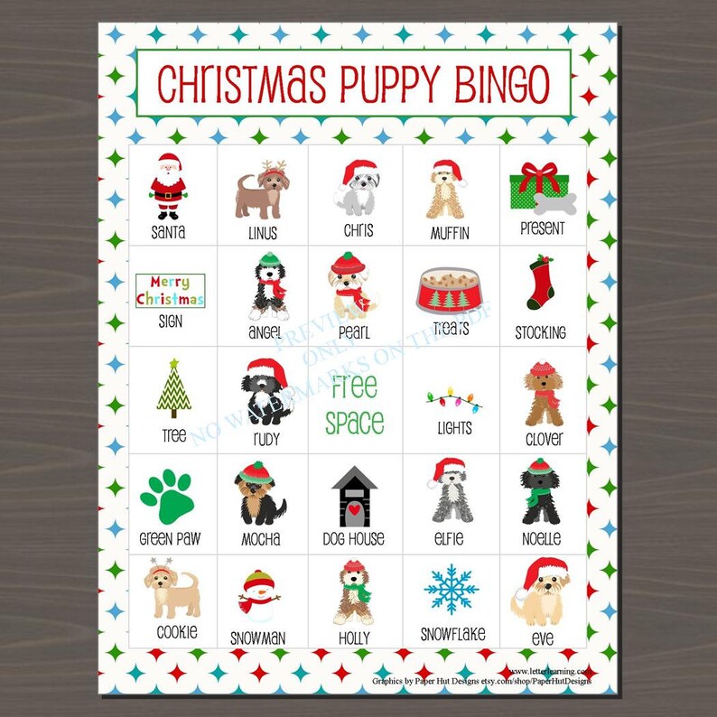 Christmas Puppy Bingo Game 24 different cards, plus calling cards, Instant Download, Puppy Christmas Bingo, Puppy Bingo Game image 2