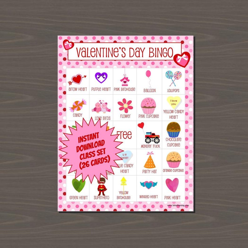 Valentine's Day Bingo Class Set of Valentine Bingo Instant Download, Includes 26 Different Cards, Plus Calling Cards image 1