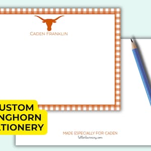 Custom Texas Longhorn Stationery Set with Gingham Border | Gingham Longhorn Gifts | Personalized Texas Longhorn Notes | 10 Cards Per Set