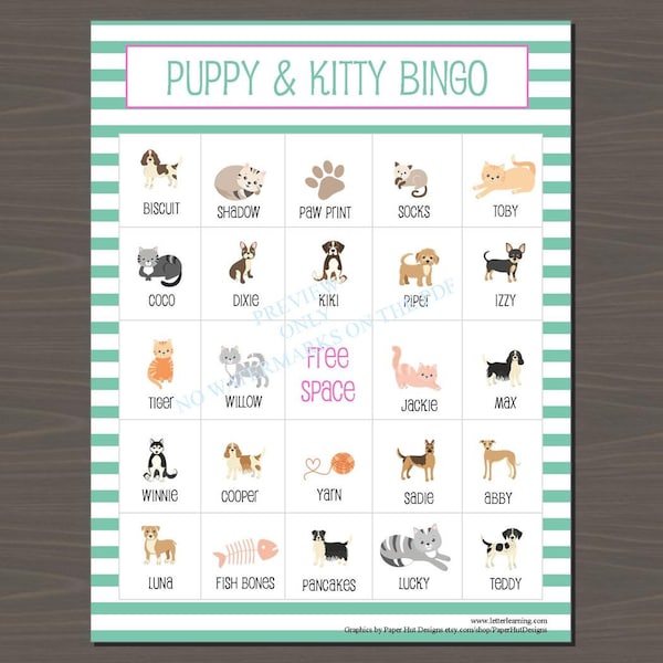 Puppy and Kitty Bingo Game (12 Different Card Included), Instant Download, Kitten and Puppy Bingo Game for All Ages, Cat and Dog Bingo Game