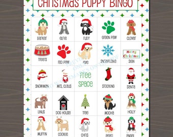 Christmas Puppy Bingo Game (24 different cards, plus calling cards), Instant Download, Puppy Christmas Bingo, Puppy Bingo Game
